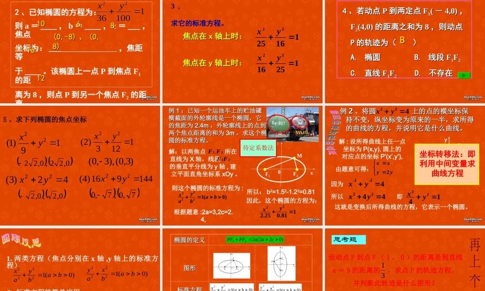 高二数学椭圆的标准方程课件 新课标 人教版 课件