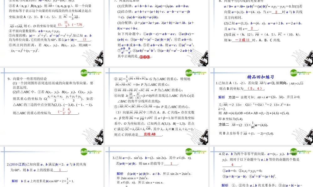 江苏专用高考数学二轮复习 第4讲平面向量课件 理 苏教版 课件