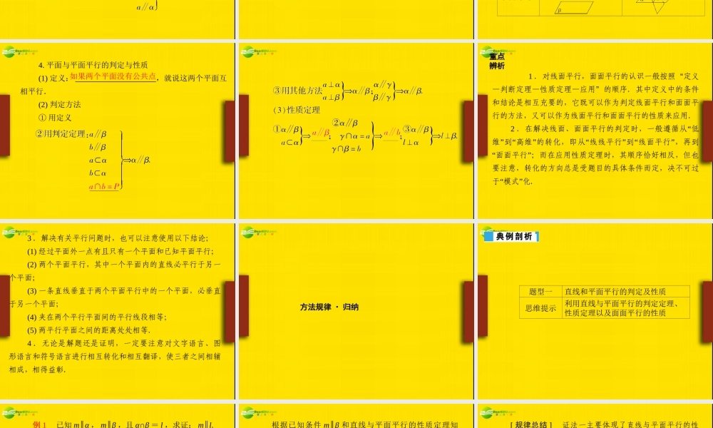 高考数学理一轮复习 9-2直线和平面平行、平面和  平面平行 精品课件