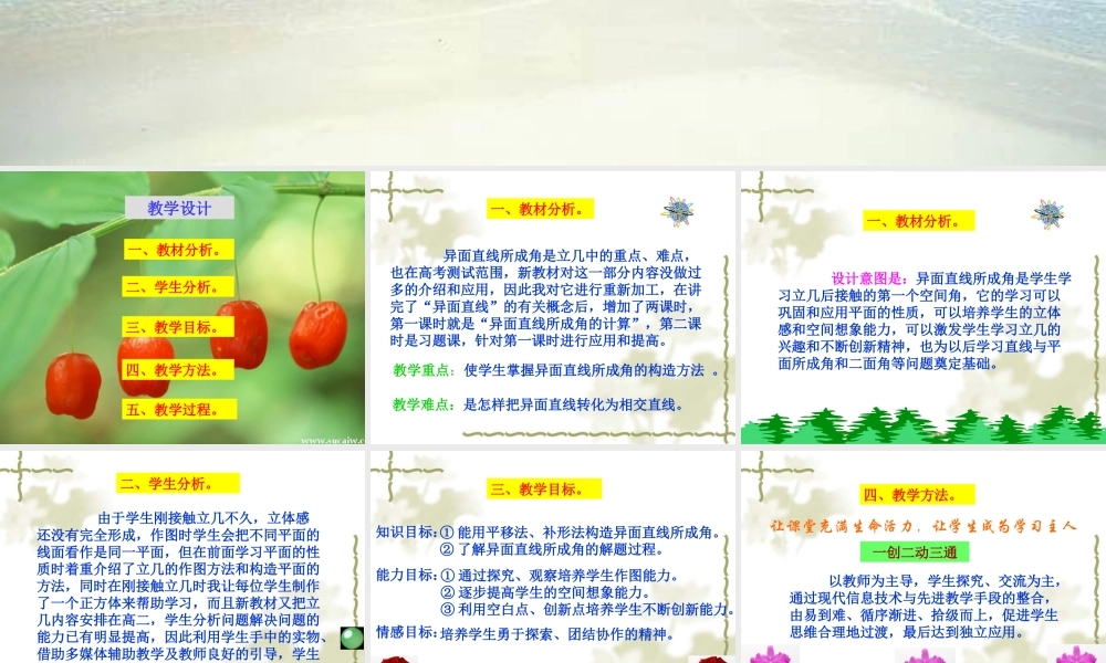 高二数学异面直线所成角的教学设计 课件