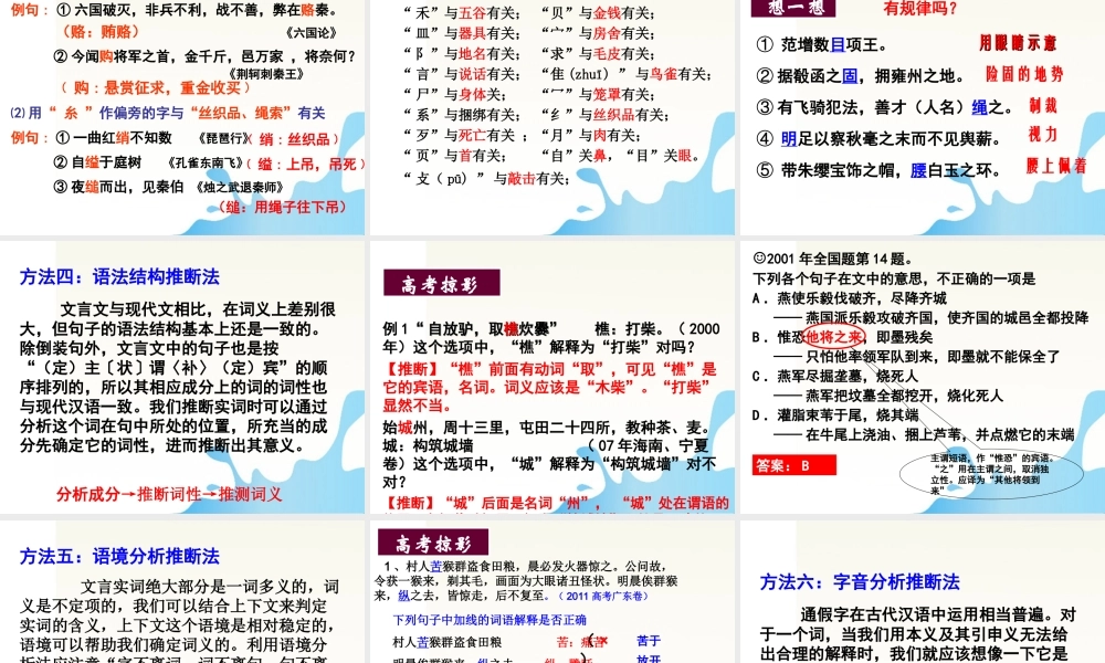 湖南省怀化二中高三语文复习讲义 文言实词词义推断技巧课件