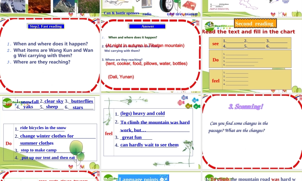 高中英语 Unit3 Reading A Night in The Mountain  新人教版必修1 课件