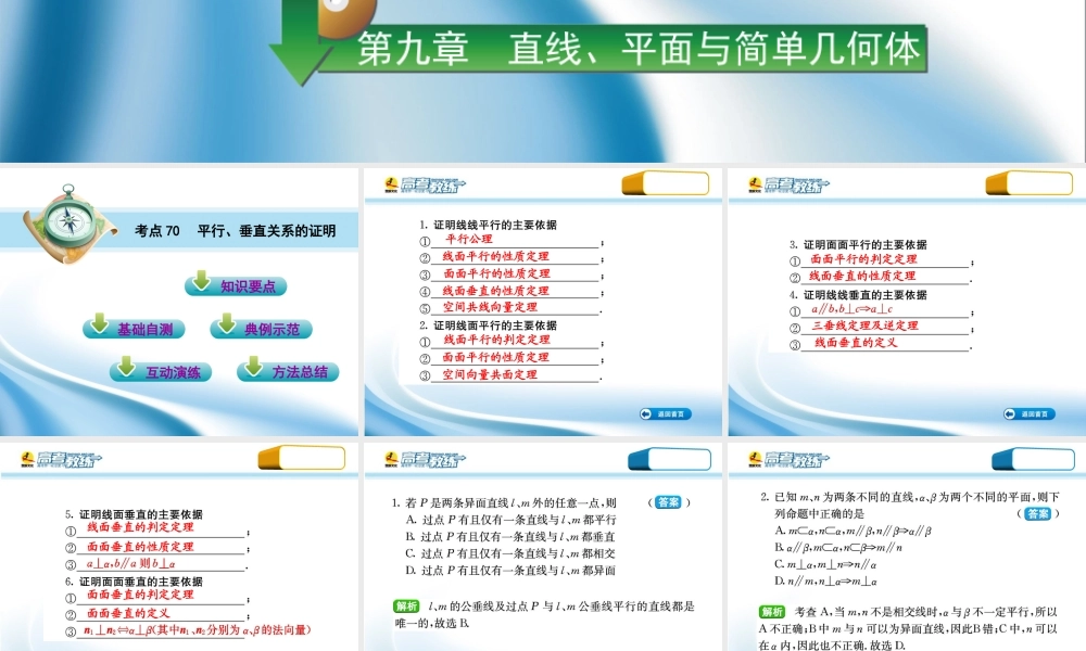 高三数学第一轮复习(高考教练)考点70 平行、垂直关系的证明(理科)课件