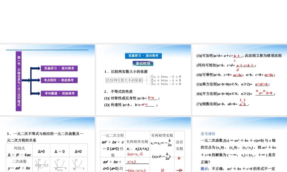 高考数学一轮复习 第6章第一节 不等关系与一元二次不等式课件 文 苏教版 课件