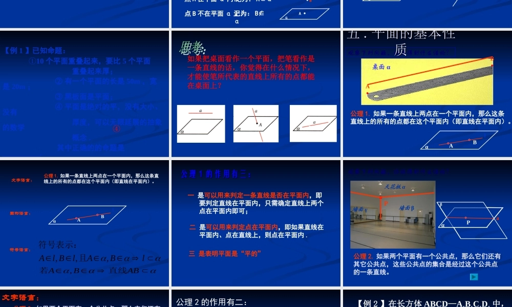 高中数学：121(平面的基本性质及推论)课件(新人教B版必修2) 课件