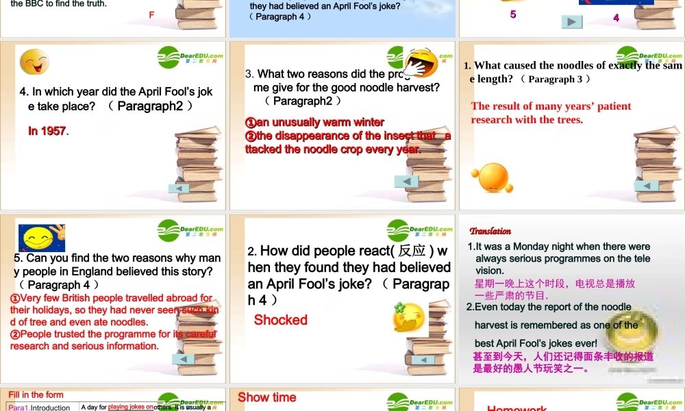 高中英语 Book4 Unit3 Workbook Reading task The Noodle Harvest课件 新人教版必修4 课件