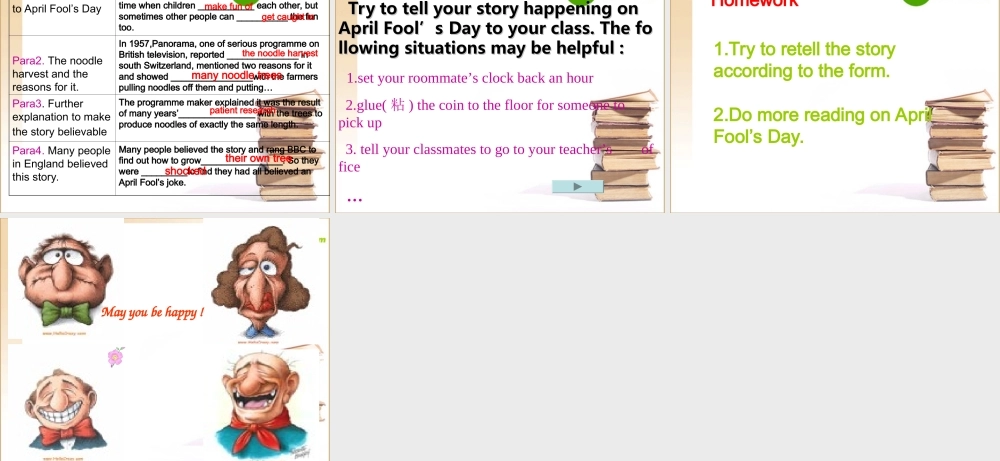 高中英语 Book4 Unit3 Workbook Reading task The Noodle Harvest课件 新人教版必修4 课件