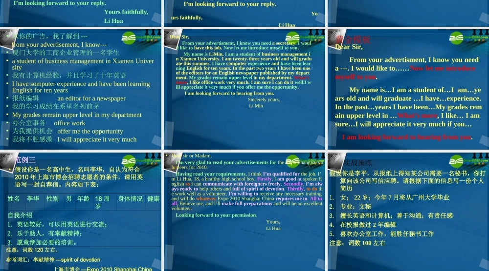 高考英语 作文书面表达应聘信课件 新人教版 课件