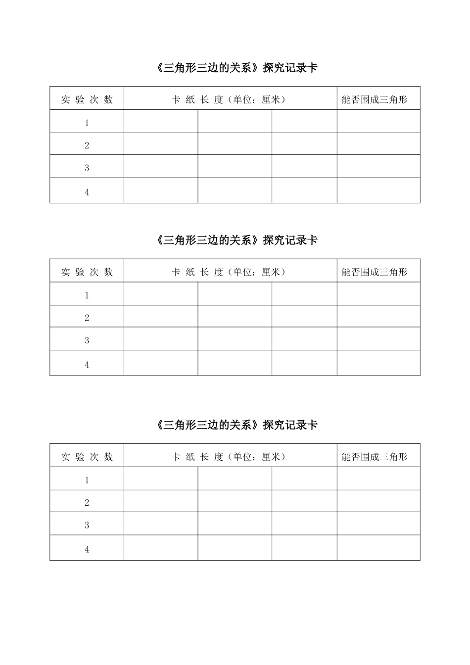 小学数学2011版本小学四年级三角形的三边关系探索记录单_第1页