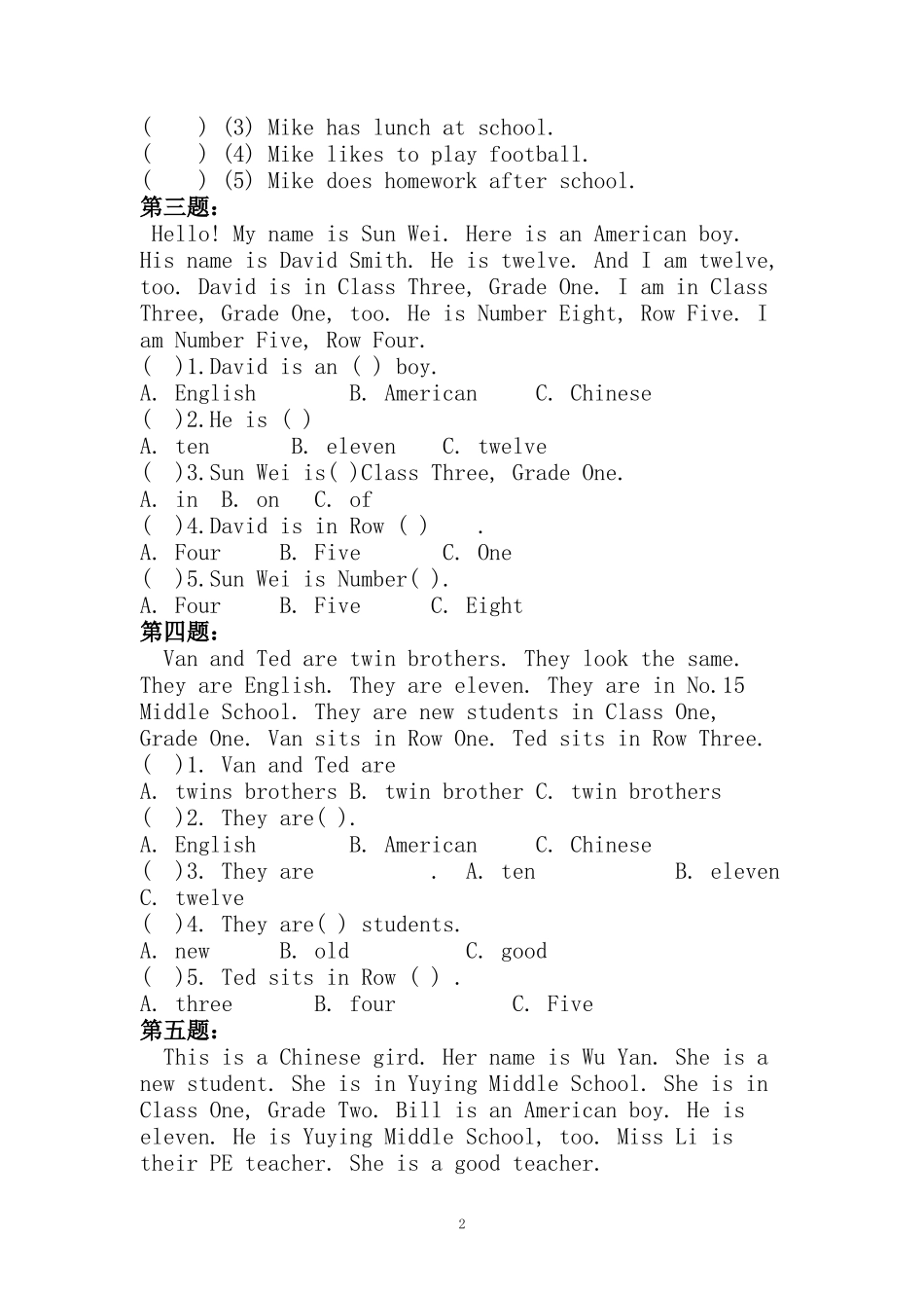 小学三年级英语阅读小短文5篇(含答案)_第2页