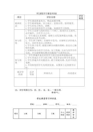 学生课堂学习情况评价表