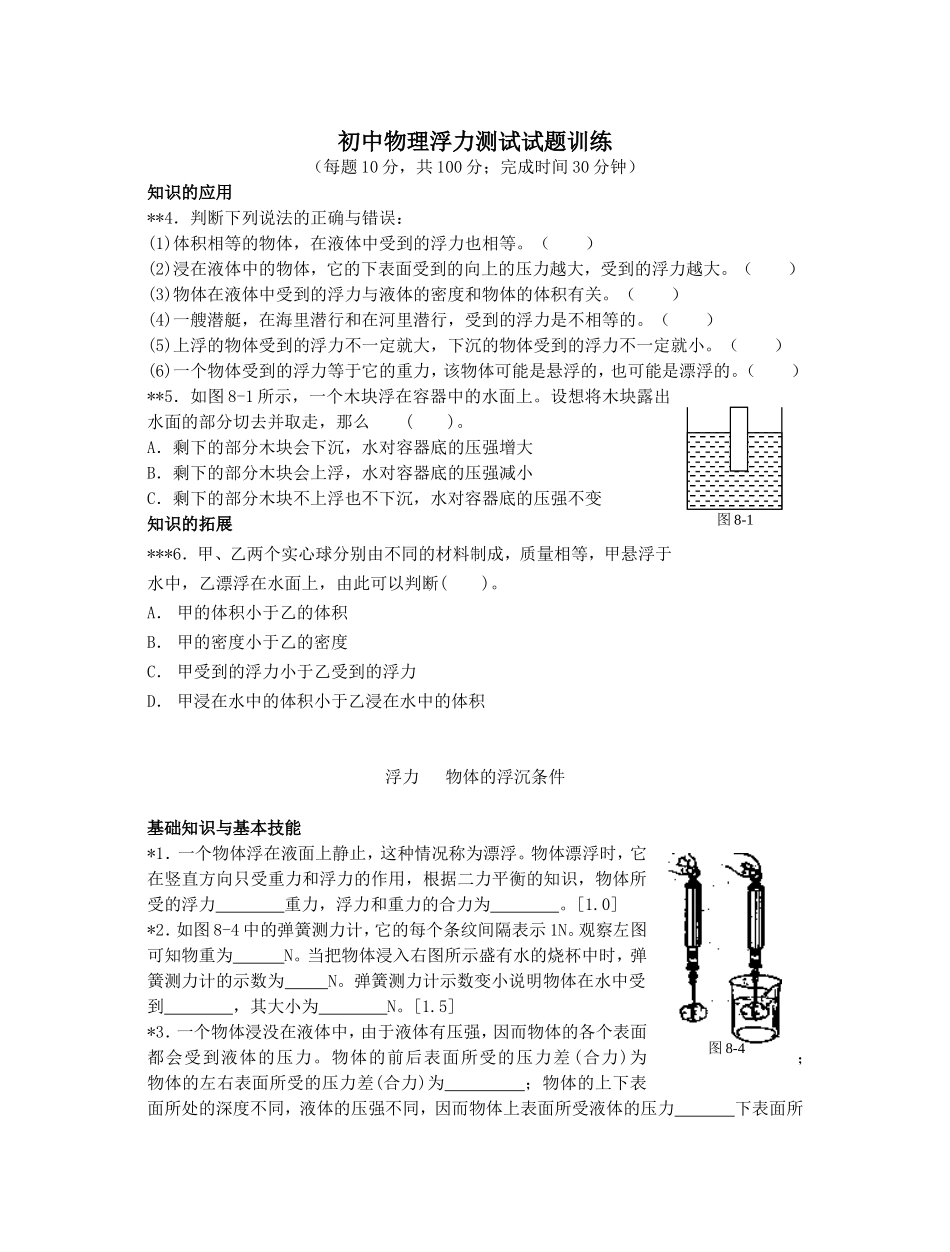 初中物理浮力测试试题训练_第1页