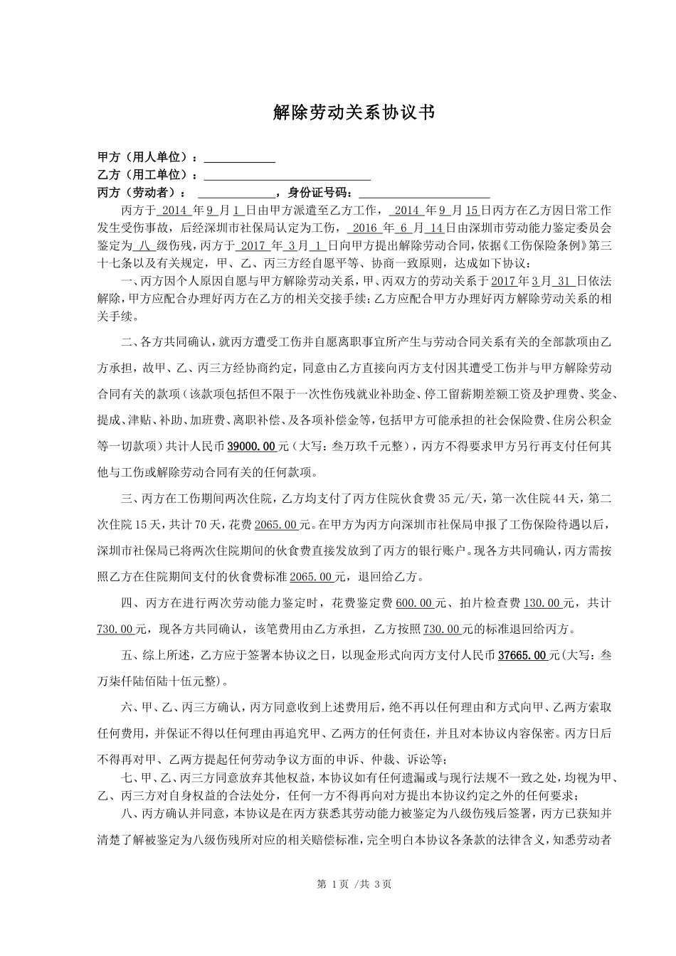 解除劳动关系协议(工伤模板)_第1页