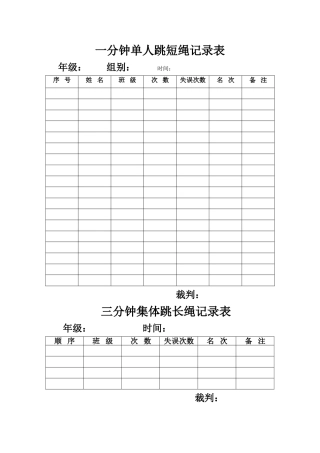 跳绳比赛记录表