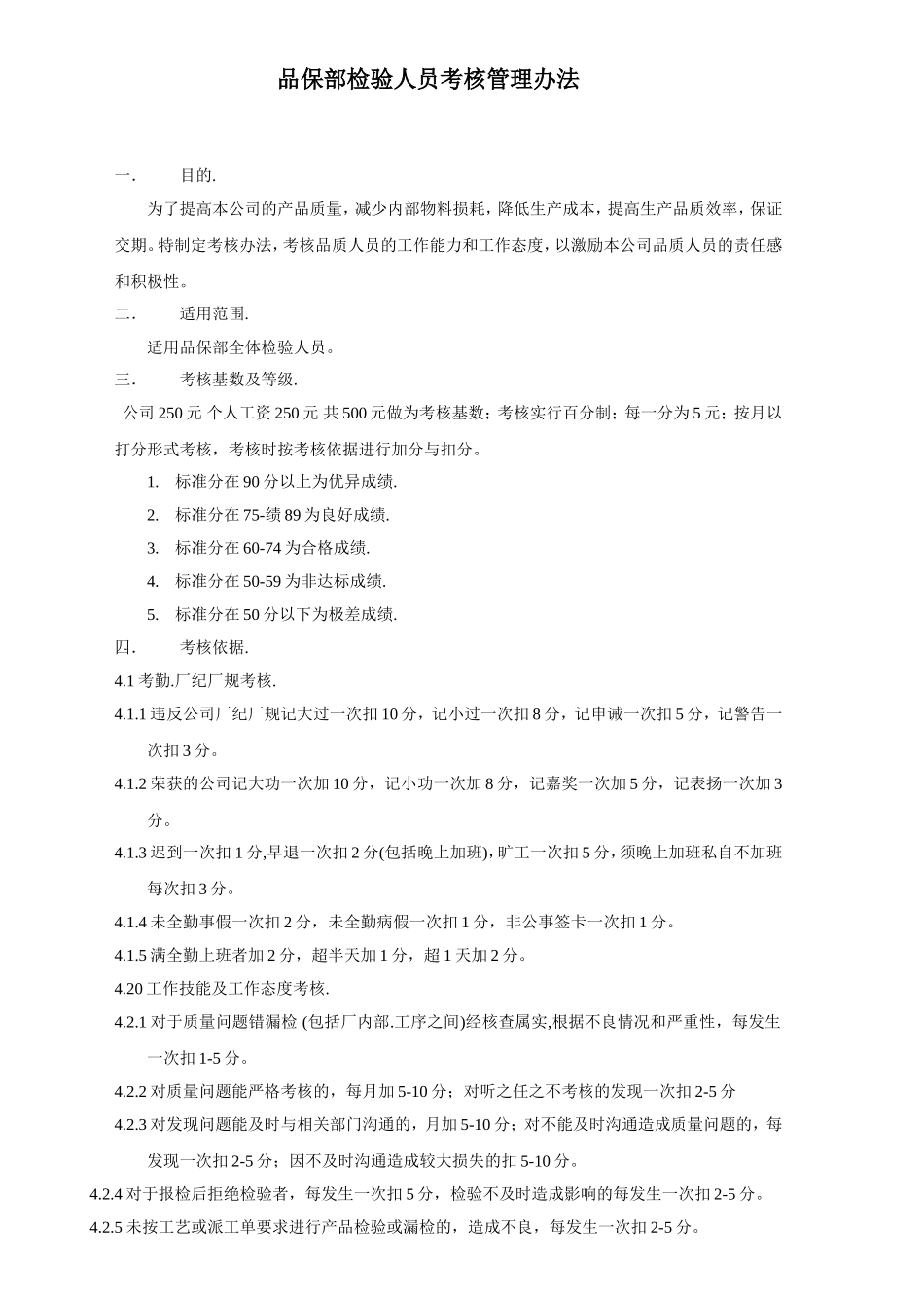 品保部考核管理办法及考核表_第1页