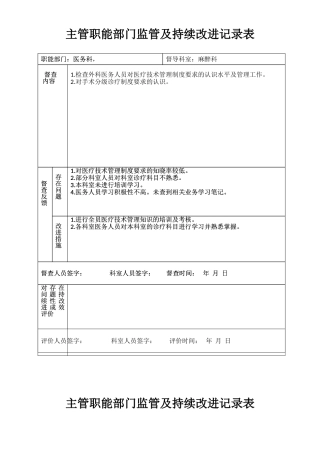 医院职能部门监管麻醉及持续改进记录表
