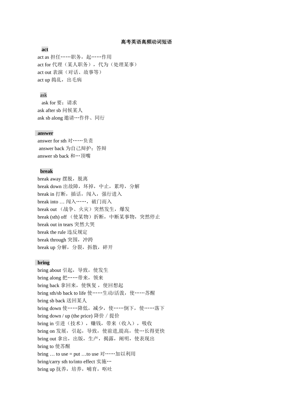 高考英语高频动词短语_第1页