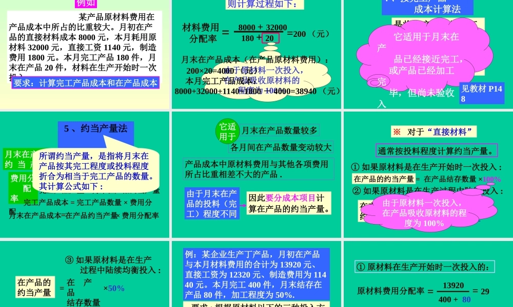 《成本会计》(第八章)生产费用在完工产品与在产品之间的分配