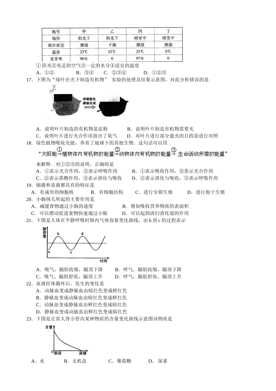 XXXX广东省初中二年级学业考试生物试题(word精排版)_第3页
