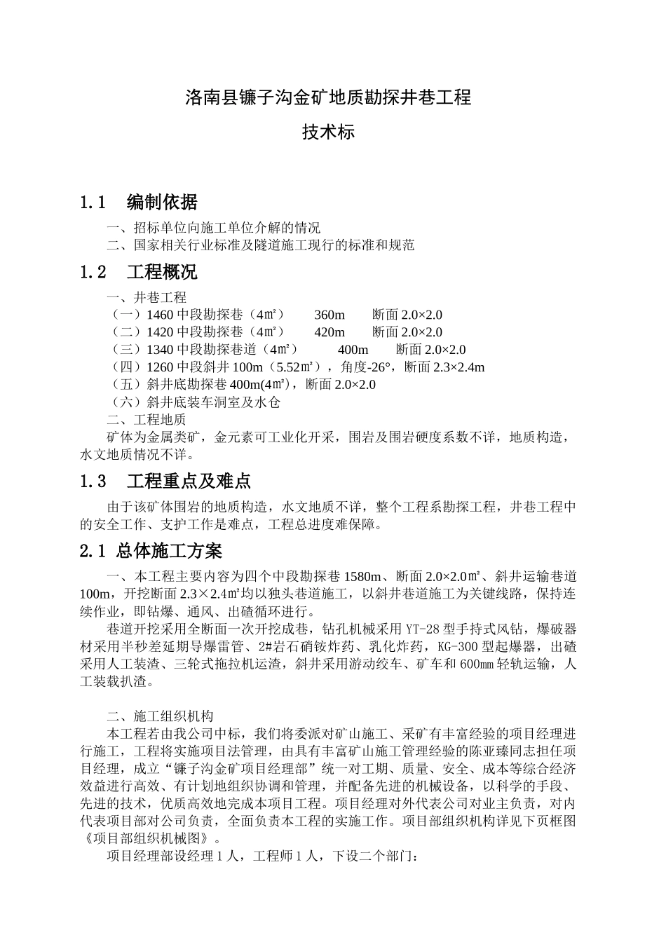 洛南县XXX金矿地质勘探井巷工程技术标_第1页