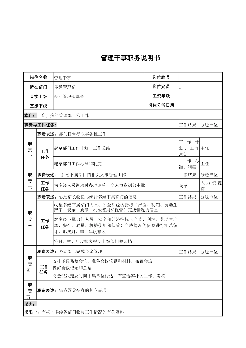电力公司管理干事岗位说明书_第1页