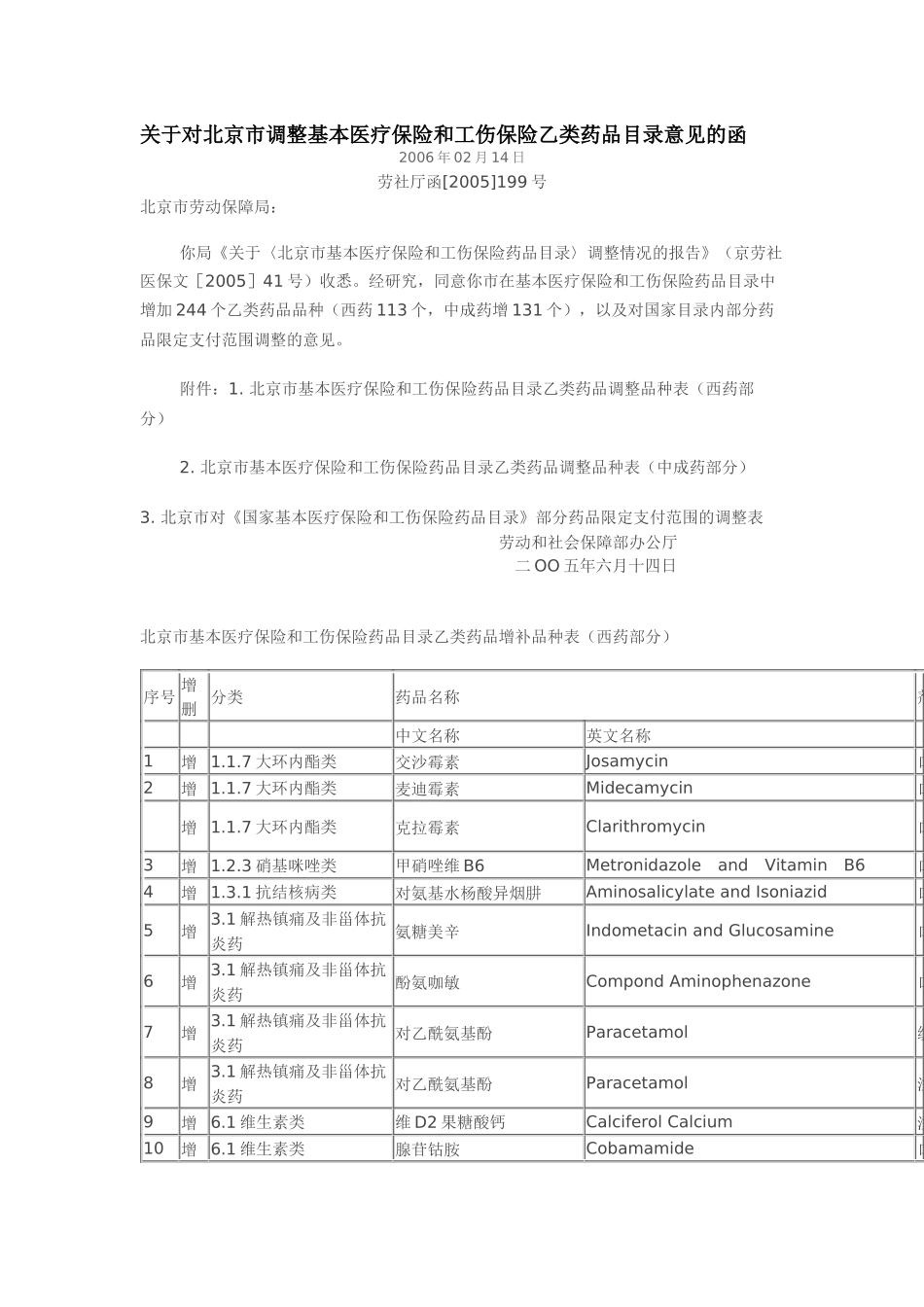 关于对北京市调整基本医疗保险和工伤保险乙类药品目录..._第1页