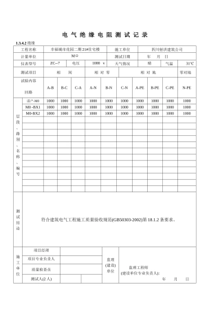 电气绝缘电阻测试记录