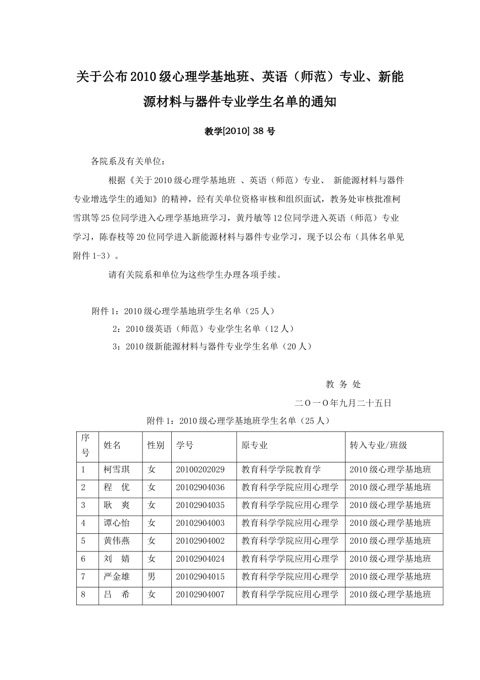 关于公布XXXX级心理学基地班、英语（师范）专业、新能源材料_第1页