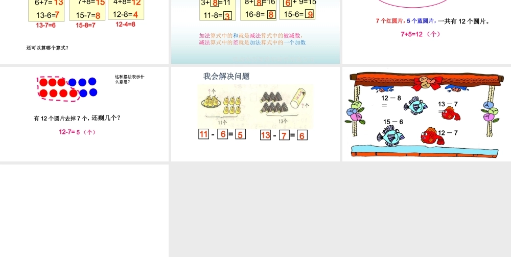 小学数学人教2011课标版一年级十几减8、7、6