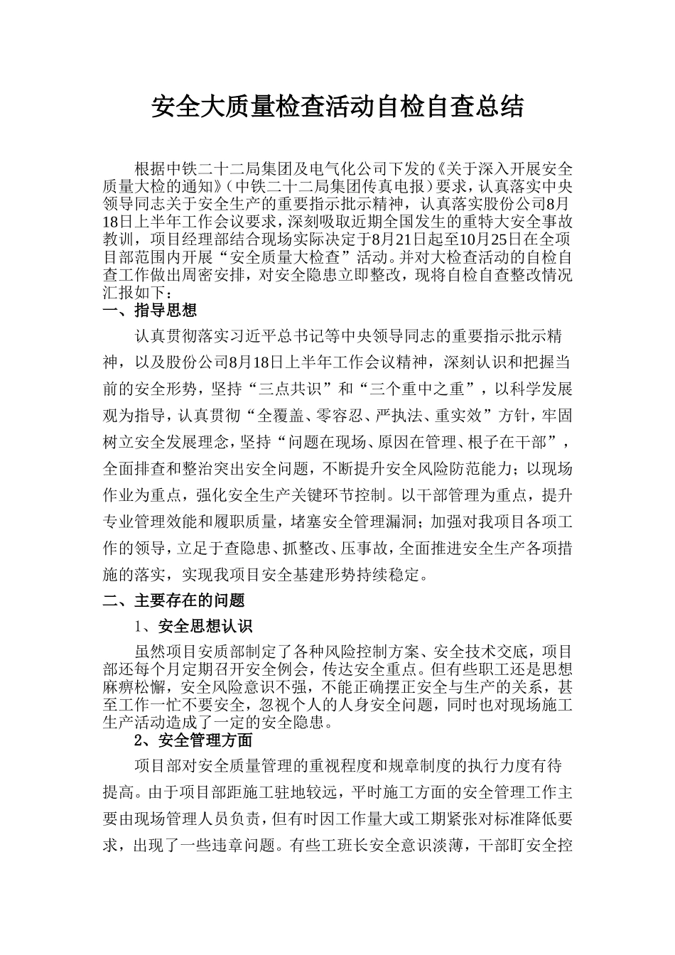 项目安全质量大检查活动自检自查总结_第1页