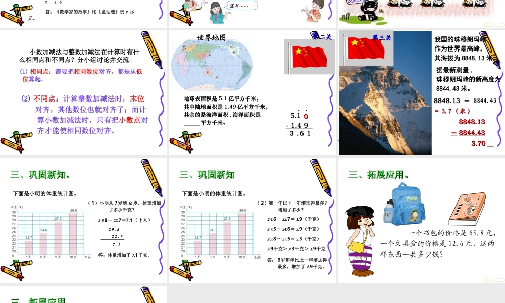 小学数学2011版本小学四年级第六单元--小数的加法和减法(第一课时)图片素材