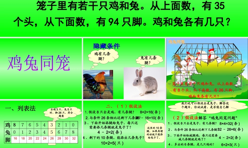 小学数学2011版本小学四年级人教版四年级数学下册《鸡兔同笼》课件