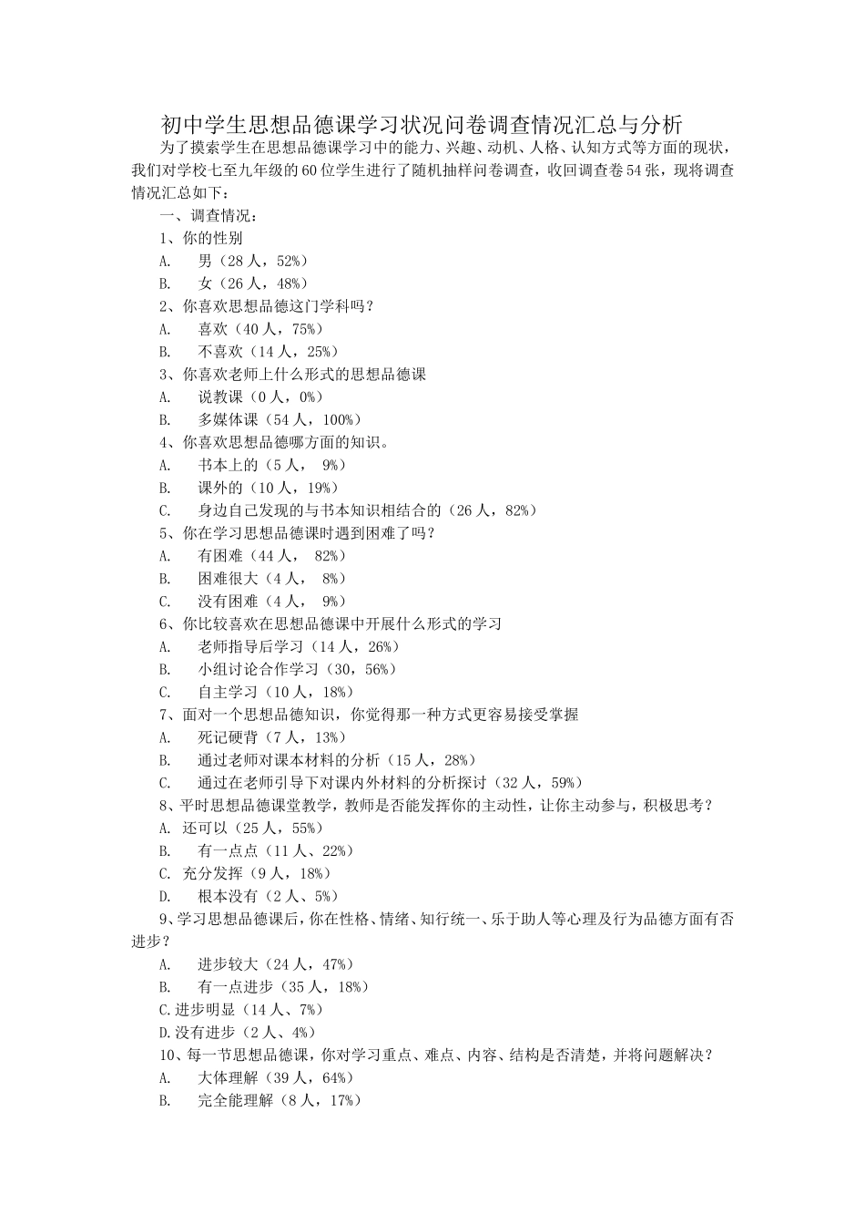 初中学生思想品德课学习状况问卷调查情况汇总与分析_第1页
