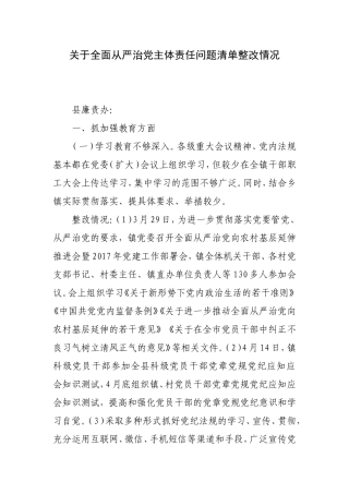 关于全面从严治党主体责任问题清单整改情况