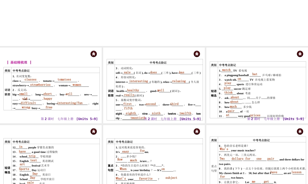 2015届人教版中考英语基础过关课件：七上[Units5—9](48页)
