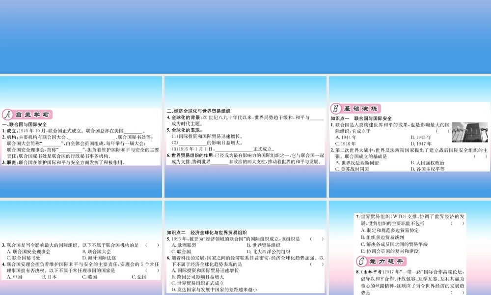 九年级历史下册 第6单元 冷战结束后的世界 第联合国与世界贸易组织作业课件 新人教版 课件