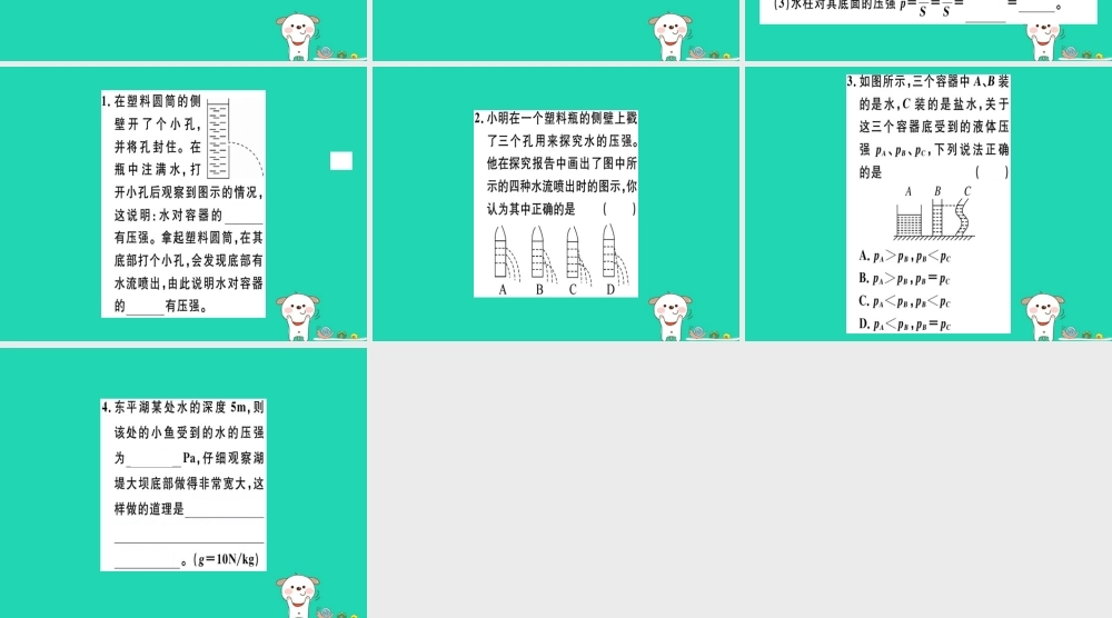 八年级物理全册 第八章 第二节 科学探究 液体的压强(第1课时 液体压强的特点)习题课件 (新版)沪科版 课件
