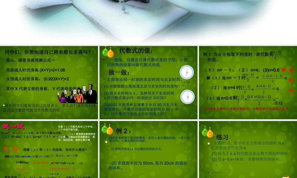 中学七年级数学上册 4.3 代数式的值课件 (新版)浙教版 课件