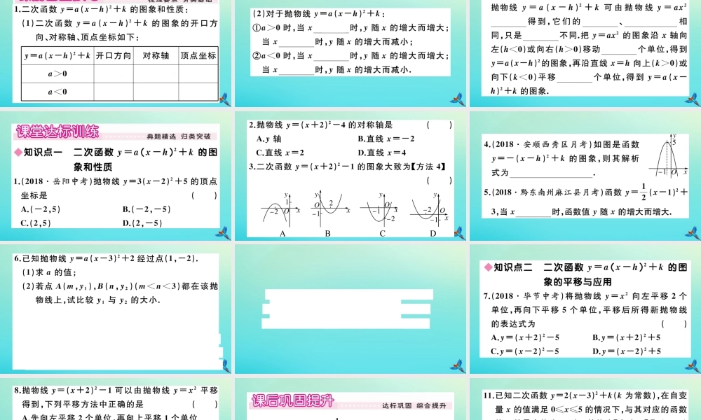 九年级数学上册 第22章 二次函数 2213 第3课时 二次函数ya(x h)2k的图象和性质作业课件 (新版)新人教版 课件