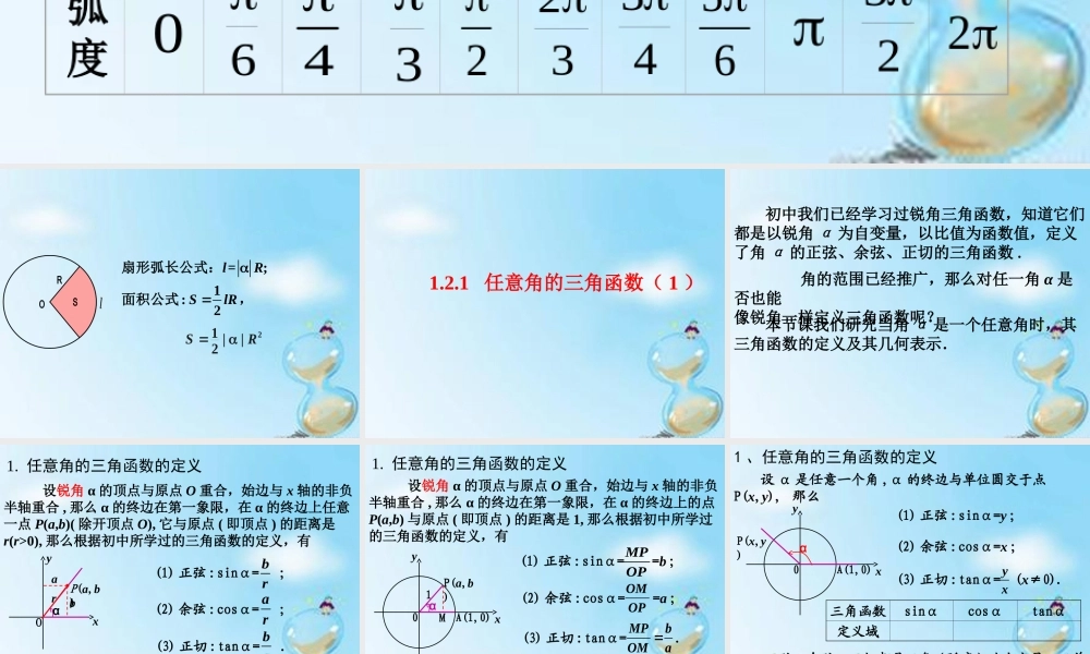 数学 1.2.1任意角的三角函数(1)课件 新人教版A版必修4 课件