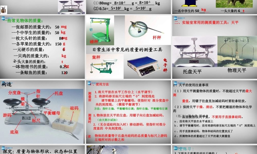 中学八年级物理下册 6.1 物体的质量课件 (新版)苏科版