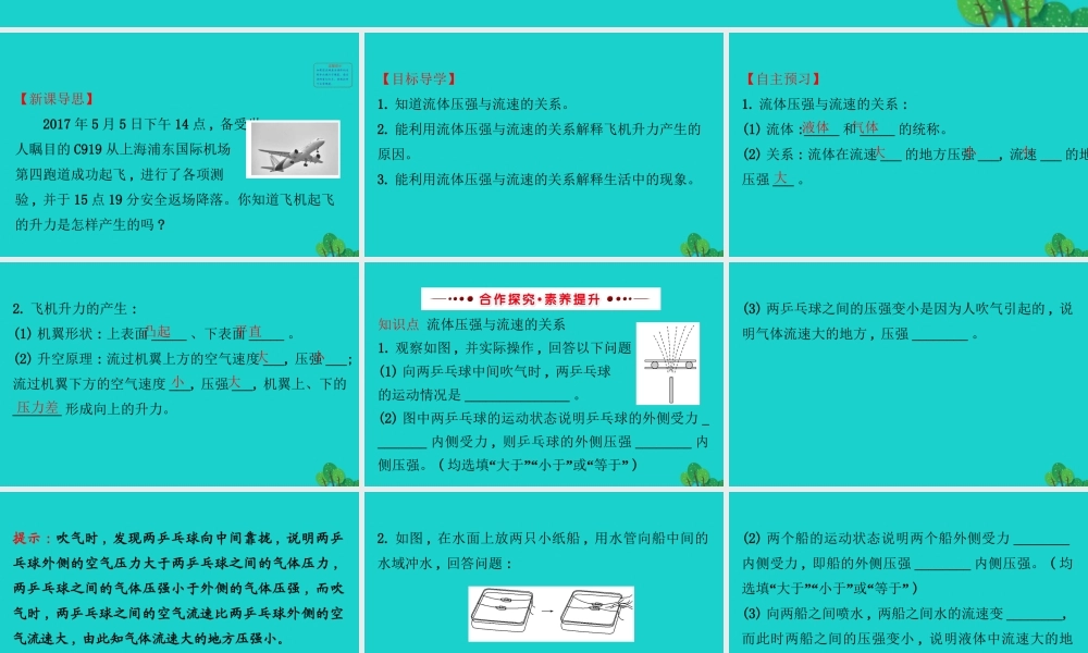 八年级物理全册 第八章 第四节流体压强与流速的关系习题课件 (新版)沪科版 课件