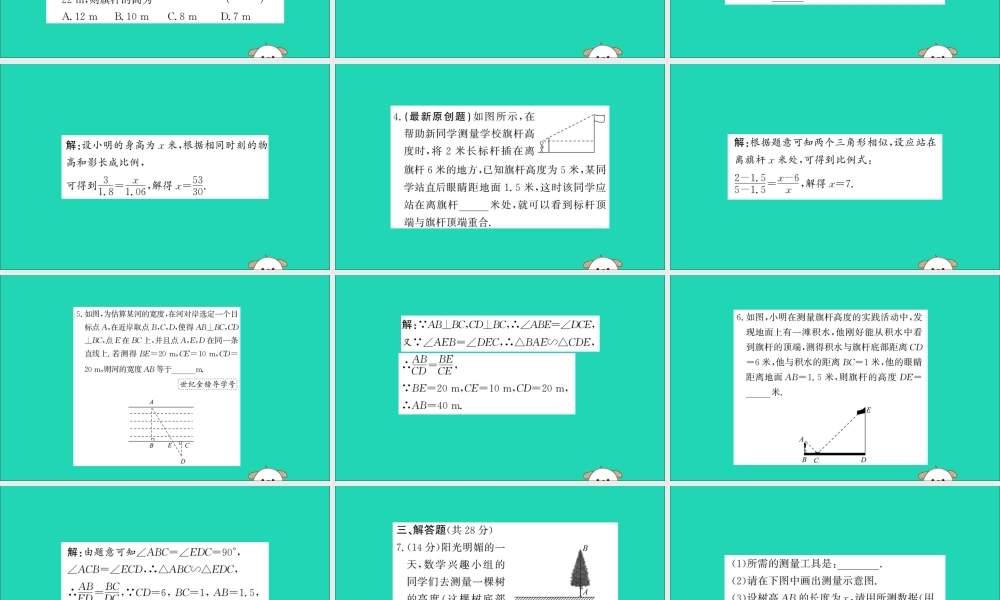 九年级数学下册 第二十七章 相似 272 相似三角形 2723 相似三角形应用举例训练课件 (新版)新人教版 课件