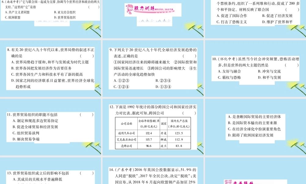 九年级历史下册 第六单元 冷战结束后的世界 第联合国与世界贸易组织习题课件 新人教版 课件
