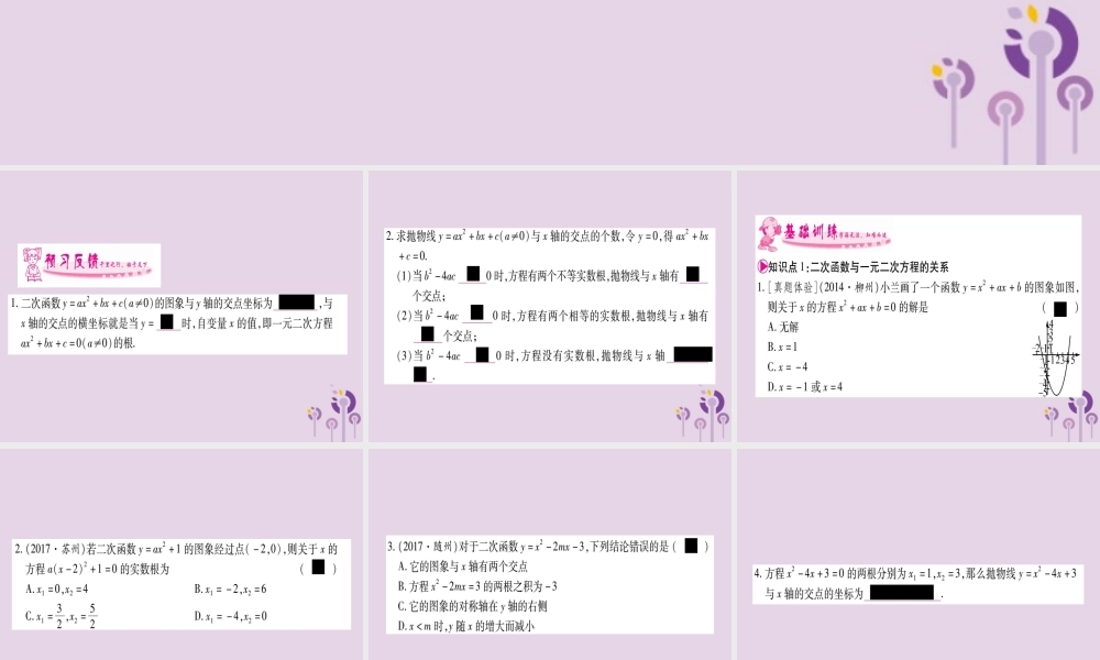 广西九年级数学下册 第1章 二次函数 1.4 二次函数与一元二次方程的联系作业课件 (新版)湘教版 课件