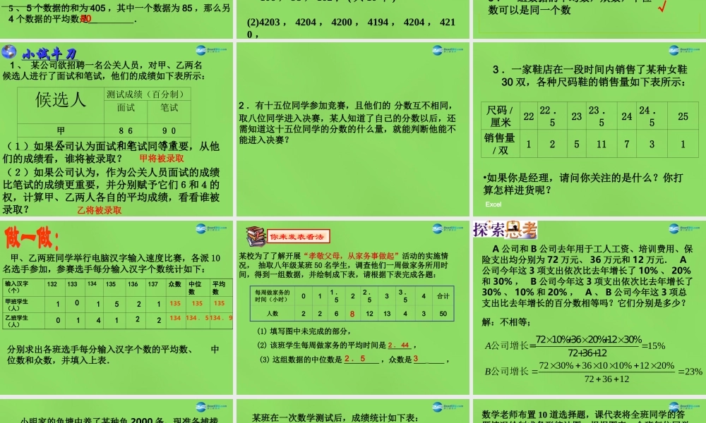 八年级数学下册(.1 数据集中趋势)课件2 (新版)沪科版 课件