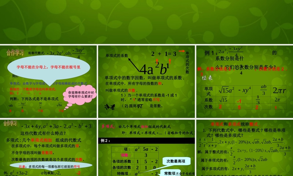 中学七年级数学上册 4.4 整式课件 (新版)浙教版 课件