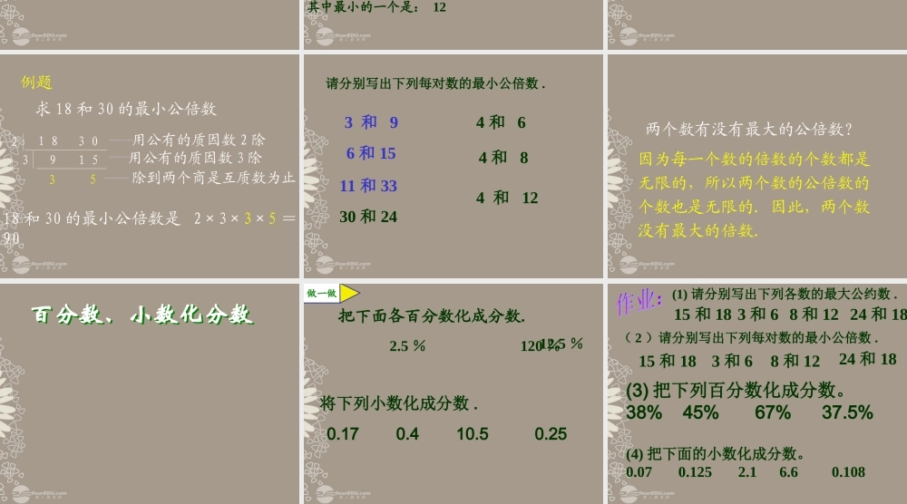 广东省珠海市七年级数学上册 最小公倍数和最大公约数、百分数、小数化分数课件 新人教版 课件