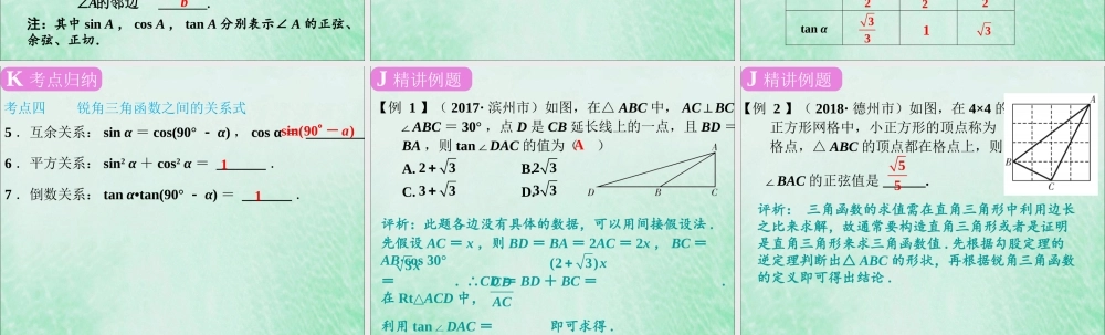 春中考数学复习 第4章 三角形 第19课时 锐角三角函数课件