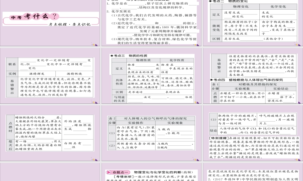 中考化学总复习 第一轮复习 系统梳理 夯基固本 第1讲 绪言 物质的变化和性质课件